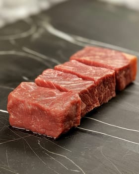 Raw pieces of meat lie on the table, ready for cooking. Selective focus.