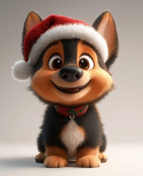 Cartoon smiling dog in Santa Claus hat, on white background. Selective focus.