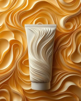 A tube of cream on a creative background, light on light. Selective focus.
