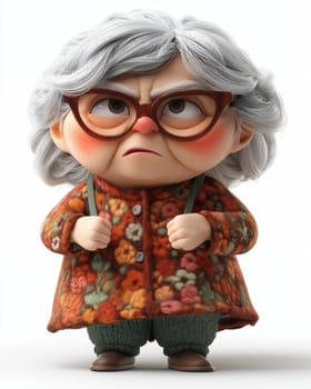 Cartoon dissatisfied elderly woman shakes her finger, on a white background. Selective focus.