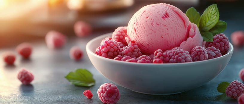 Ice cream with berries in a cup on the table. Selective focus.