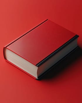 3d red book with blank cover on red background. Selective focus.