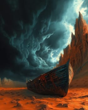Abandoned boat falling apart in the desert against the backdrop of thunderclouds. Selective focus.