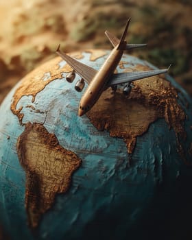 Airplane flying around the earth, concept of traveling around the world. Selective focus.
