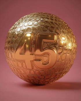 Golden ball with the number 45 on a pink background. Selective focus.
