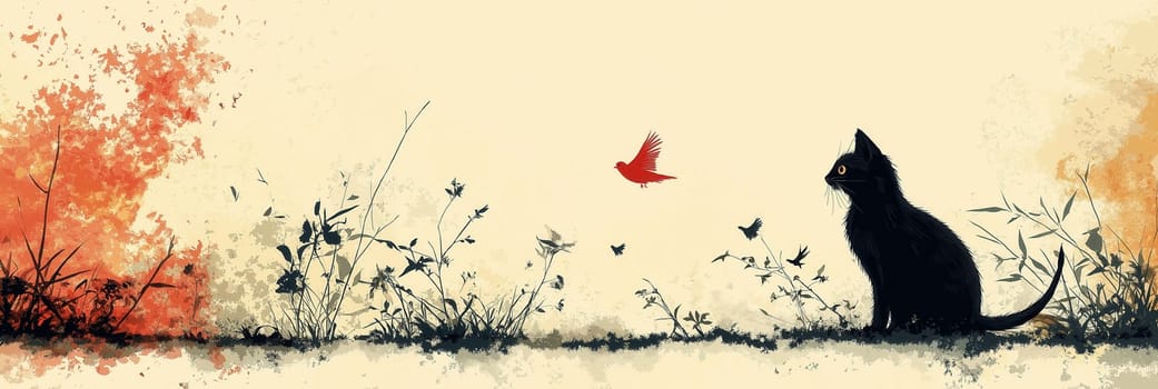 Illustration, sitting black cat and bird on a light background. Selective focus.