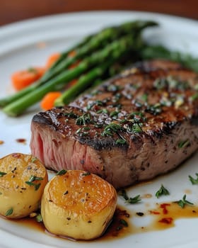Fried meat, juicy steak lies on the table. Selective focus.