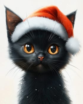 Cartoon black cat in Santa's hat on a white background. Selective focus.