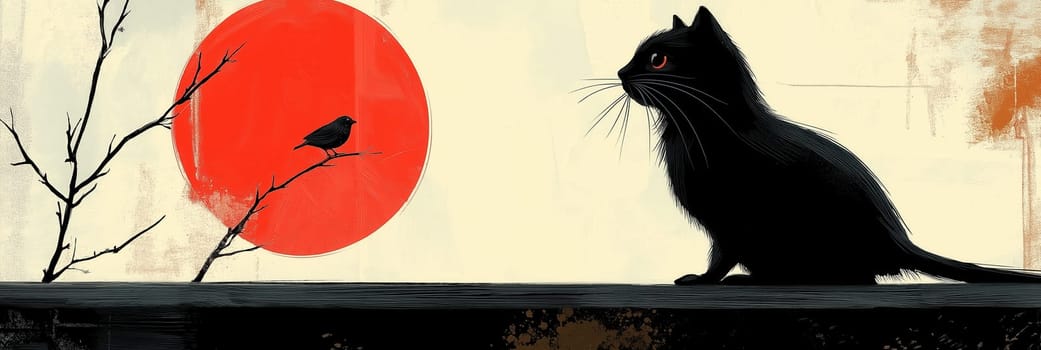 Illustration, sitting black cat and bird on a light background. Selective focus.