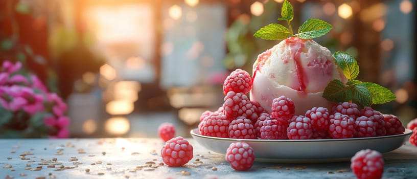 Ice cream with berries in a cup on the table. Selective focus.