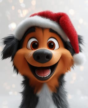 Cartoon smiling dog in Santa Claus hat, on white background. Selective focus.