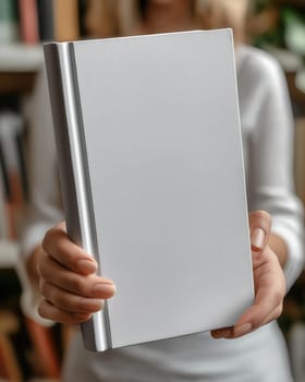 A hand holds a white book with a blank cover.