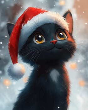 Cartoon black cat in Santa's hat on a white background. Selective focus.