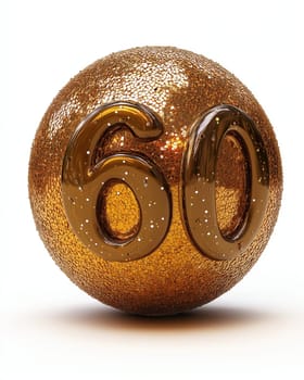 Golden ball with the number 60 on a white background. Selective focus.