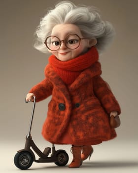 Cartoon elderly woman in stylish clothes riding a roller, on a white background. Selective focus.
