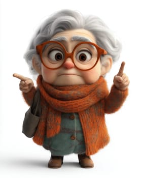 Cartoon dissatisfied elderly woman shakes her finger, on a white background. Selective focus.