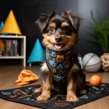 Small black dog wearing a yellow bandana sits on a wooden floor. The dog has a happy expression on its face and is looking at the camera