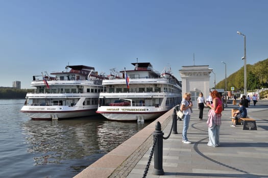 Moscow, Russia - Sept 7. 2024. Passenger ships at pier of the Northern River Terminal