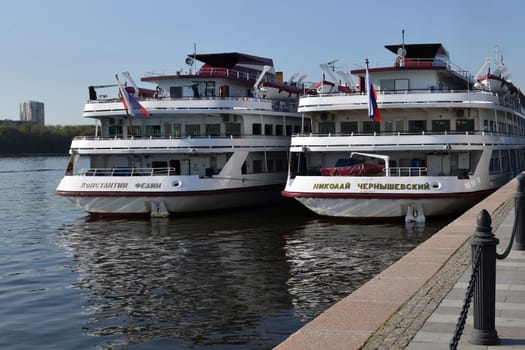 Moscow, Russia - Sept 7. 2024. Passenger ships at pier of the Northern River Terminal