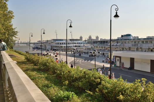 Moscow, Russia - Sept 7. 2024. Passenger ships at pier of the Northern River Terminal