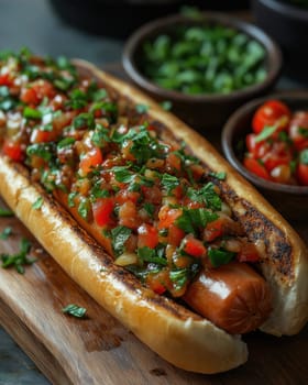 Juicy hot dog with fresh filling on a wooden board. Selective focus.