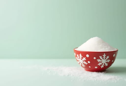 A vibrant red sugar bowl adorned with a festive Christmas pattern, set against a soft light green background. This charming image adds a touch of holiday spirit and is perfect for seasonal-themed projects and table settings