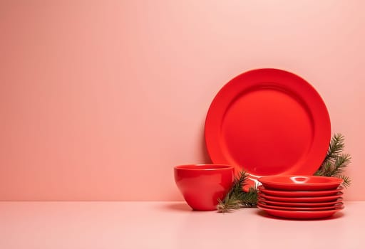 A vibrant red plate and a cup encircled by festive Christmas decorations, including ornaments, pine branches, and holiday lights, creating a cheerful and seasonal holiday display. Ideal for holiday-themed projects and table setting designs