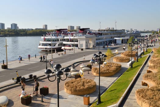 Moscow, Russia - Sept 7. 2024. Passenger ships at pier of the Northern River Terminal