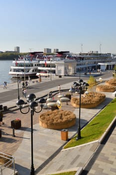 Moscow, Russia - Sept 7. 2024. Passenger ships at pier of the Northern River Terminal