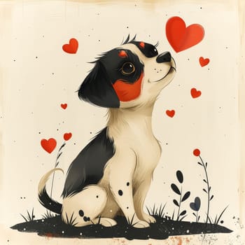 Cute dog with a heart on its face is sitting in a field of flowers. The dog is surrounded by many hearts, which suggests that it is a special and heartwarming moment
