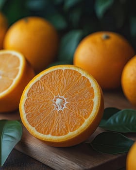 A juicy cut orange lies on a wooden board. Selective focus.