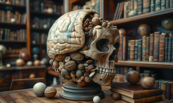 Abstract image, skulls on a background of books. Selective focus.
