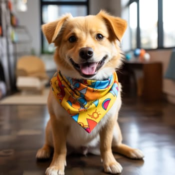 Dog with a yellow bandana on its neck is smiling and looking at the camera. The image has a cheerful and playful mood, as the dog appears to be enjoying its time and is happy to be photographed