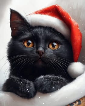 Cartoon black cat in Santa's hat on a white background. Selective focus.