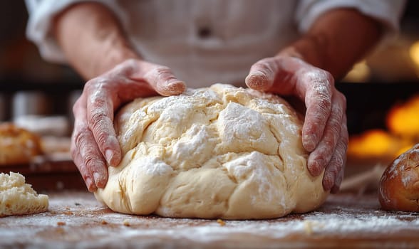 Close-up of hands kneading dough on table surface. Selective focus.