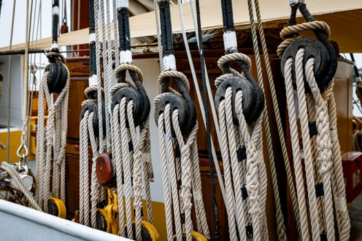 many ropes and pulleys on Wooden Ship Detail