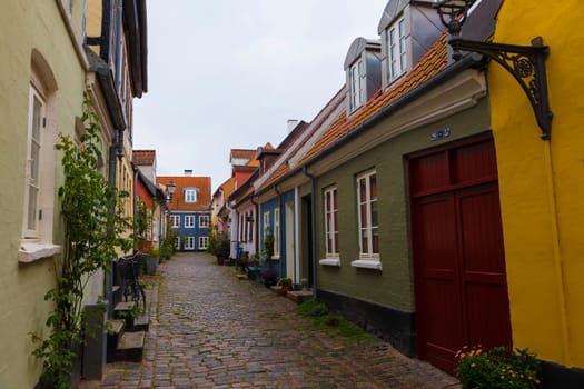 typical street in denmark aalborg with red yellow and blue houses and flowers