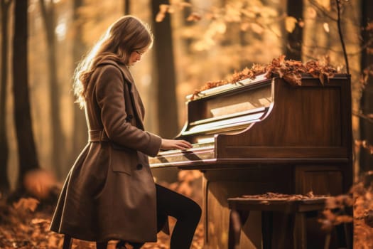 An artist wearing a hat is gracefully playing a piano in the forest, creating beautiful music with her skilled fingers on the keyboard