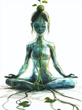 Illustration of a woman meditating with roots growing from her body and connecting her to nature, symbolizing personal growth, mindfulness, and the connection between humans and the environment