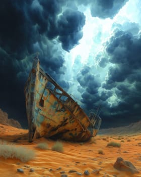 Abandoned boat falling apart in the desert against the backdrop of thunderclouds. Selective focus.