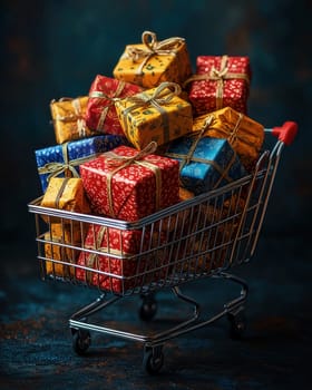 Shopping cart filled with beautifully wrapped gifts. Selective focus.