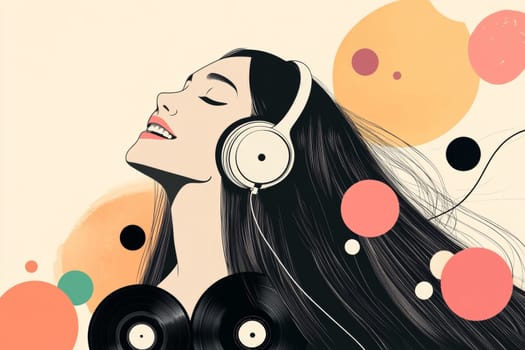 Cute girl listens to her favorite music on headphones and sings. High quality photo
