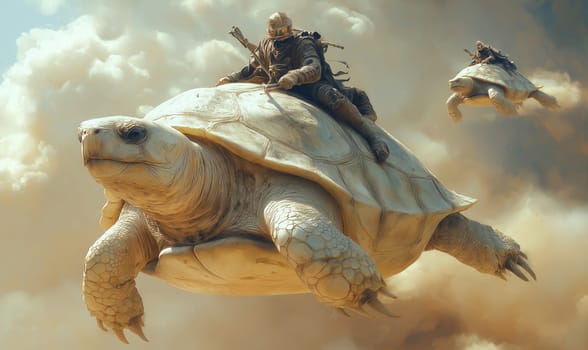 Fantasy flying huge turtles with riders. Selective focus.