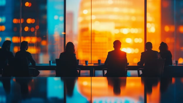 The meeting hall is illuminated by the rays of the setting sun. Colleagues are holding a meeting. High quality photo