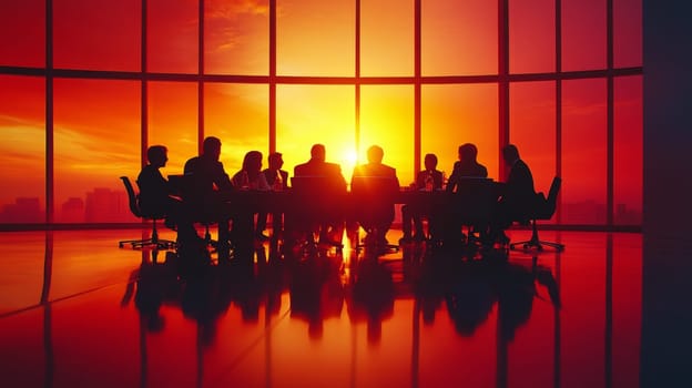 The meeting hall is illuminated by the rays of the setting sun. Colleagues are holding a meeting. High quality photo