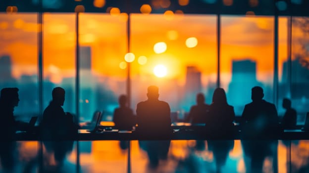 The meeting hall is illuminated by the rays of the setting sun. Colleagues are holding a meeting. High quality photo