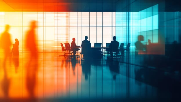 The meeting hall is illuminated by the rays of the setting sun. Colleagues are holding a meeting. High quality photo