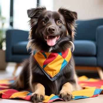 Small black dog wearing a yellow bandana sits on a wooden floor. The dog has a happy expression on its face and is looking at the camera