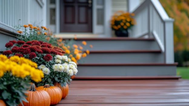 Decorating the porch and front door with pumpkins and fall flowers. Decorating the house for the traditional holiday. High quality photo