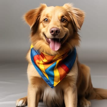 Dog with a yellow bandana on its neck is smiling and looking at the camera. The image has a cheerful and playful mood, as the dog appears to be enjoying its time and is happy to be photographed